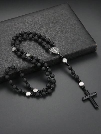 1 pieza Collar para Hombre de Piedra Volcánica Gótica Retro St. Benedict, adecuado para uso diario y como regalo de cumpleaños