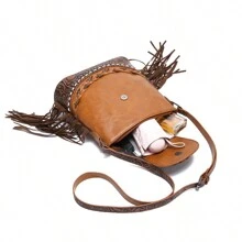 majue Vintage Western Bucket Bag,  Fringed Crossbody Bag, Women's Mini Flap Shoulder Purse - Brown - View 7