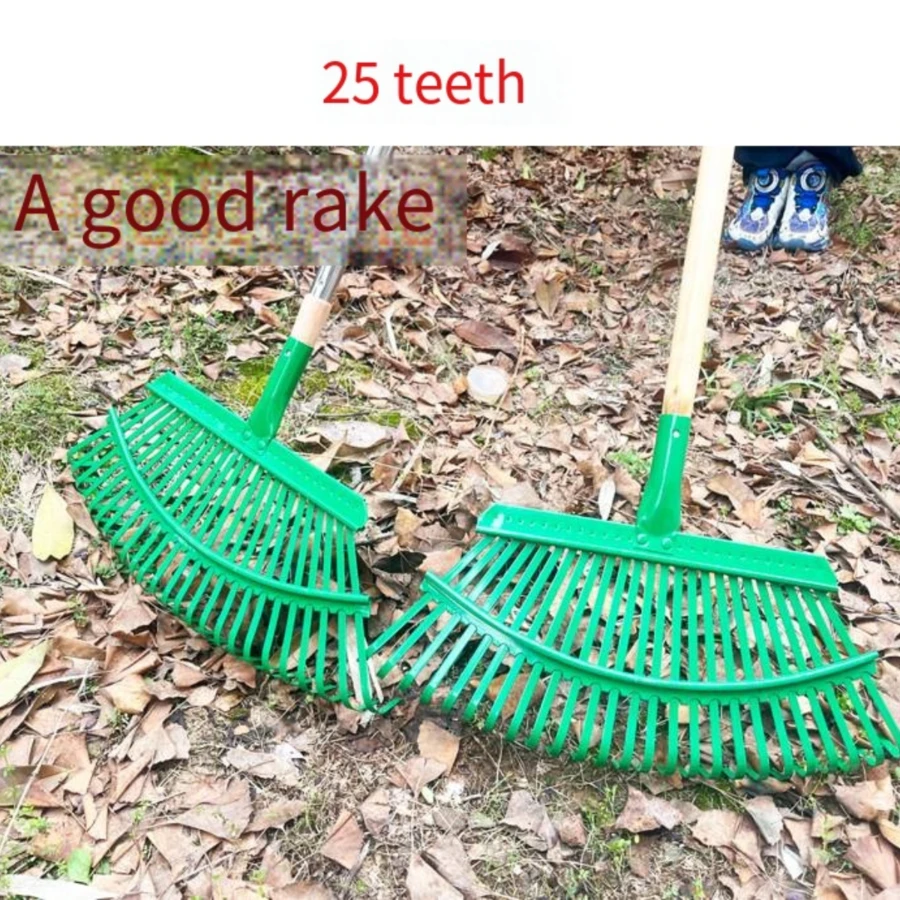 1pc Adjustable 25-Tooth Metal Garden Rake With Extendable Handle, 37.40 Inch-53.1 Inch Retractable Length, Portable Gardening Tool, Easy To Clean Grass Rake - Army Green - View 1