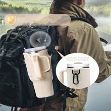 1pc Portable Holder Bag For  40oz Flat Bottom Tumbler, With Carabiner, Adjustable Shoulder Strap, Suitable For Sports Water Bottle, Travel, Hiking, Camping - Apricot - View 4