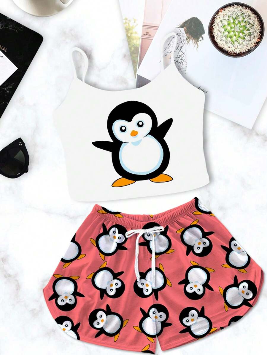 Conjunto Pijama Feminino Cropped Branco Pinguim - Branco - Visão 1