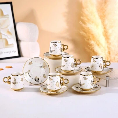6pcs European Style Tea Cup & Saucer Set, Gold Rim, 2.8oz Ceramic Coffee Cup And Saucer, Suitable For Breakfast, Afternoon Tea, Tea Party, Home, Garden, Restaurant And Other Occasions. Drinkware For Summer And Winter, Tea Cup And Saucer Set, Essential For Back To School Season.