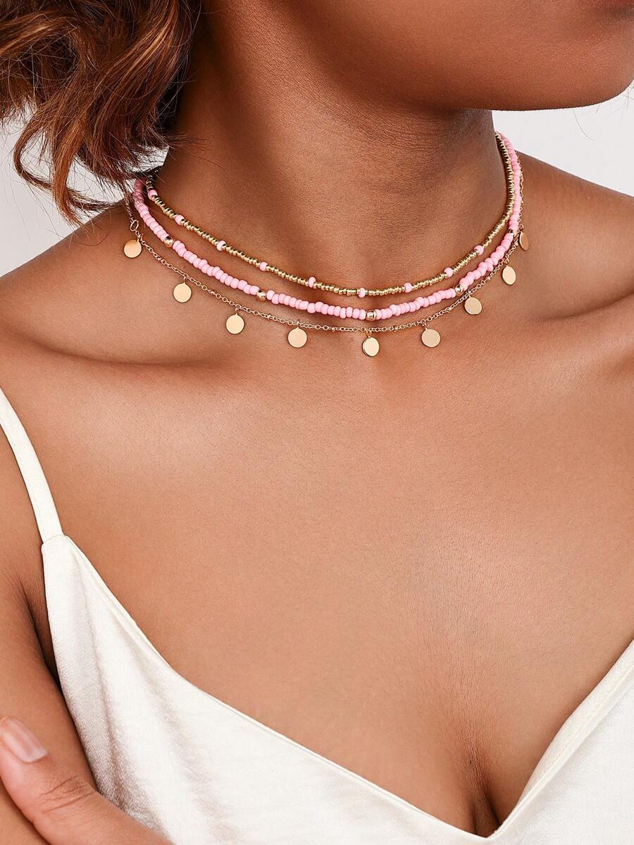 3pcs Metallic Pearl Beaded Disc Pendant Necklace Set (Random Quantity Of Discs) - Pink - View 1
