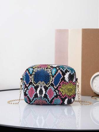 彩色蛇纹图案女士链条单肩斜挎包