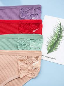 4pcs Lace Ribbed Breathable Seamless Panties - Multicolor - View 6