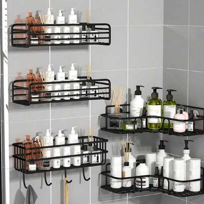 Bộ 1/2/3 kệ đựng đồ hình tam giác/dài treo tường, không cần khoan, dùng trong phòng tắm, nhà vệ sinh, phòng tắm vòi sen, bồn rửa mặt, phụ kiện phòng tắm, dụng cụ nhà tắm.
