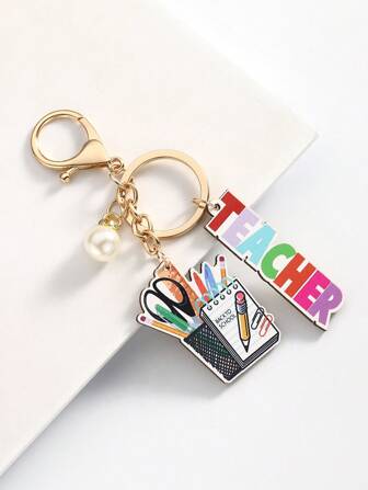 1Pc Wooden Faux Pearl Teacher Keychain As A Daily Gift For Teachers, Teacher's Day, Back To School Season, Graduation Ceremony, Thanksgiving, New Year's Gift Car Accessories Bag Charm Backpack For School Pearl