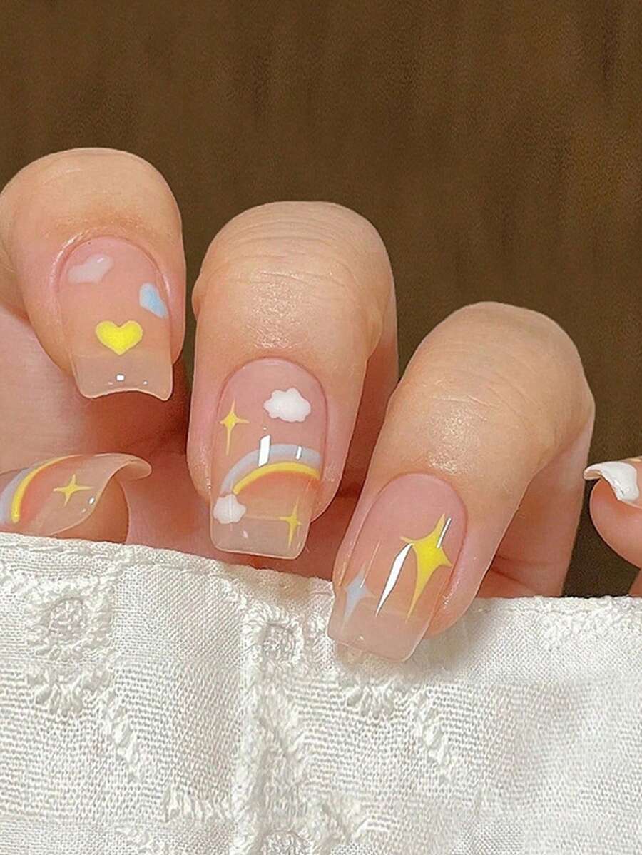24 Pieces Of Long Ballet Nails Cute Children Fun Rainbow Ice Color Nail +1 Piece Of Jelly Glue +1 File Nail Nail Set Suitable For Girls Decorative Gifts Press On Nails Nail Supplies - Multicolor - View 1