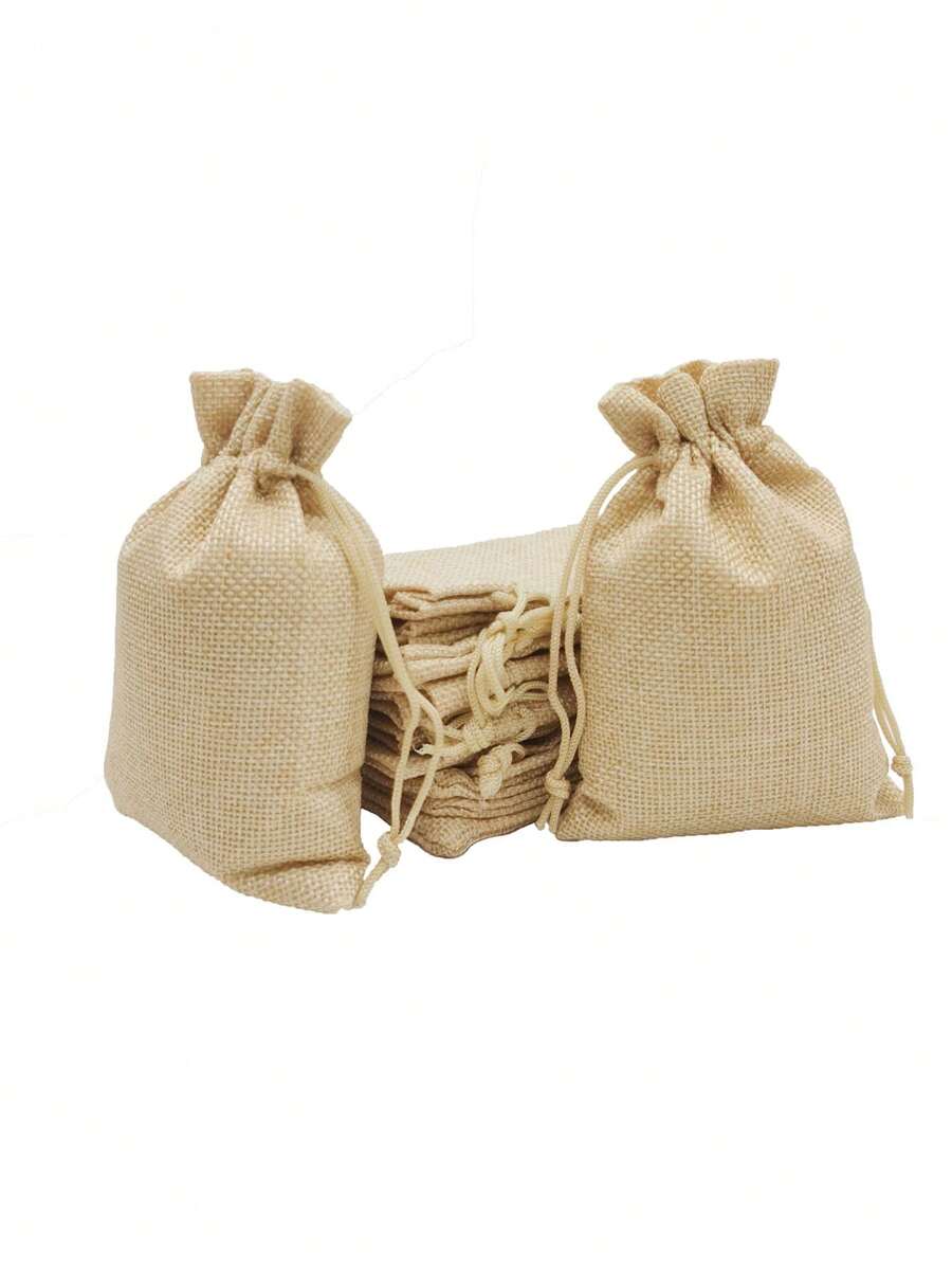 5入組拉繩亞麻袋，米色麻布袋，空白禮品袋，食品小口袋禮品袋，派對廚房用品收納袋 - 米黃色 - 查看 1