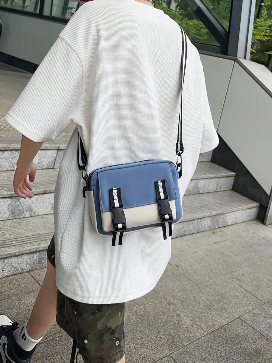 男士新時尚休閒簡約斜跨包，夏季手提包大學生背包，父親節禮物 - 藍色 - 查看 1