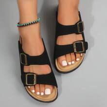 Women's Slide Sandals Summer Adjustable Slip-On Slippers Cork Footbed Lightweight Sandals - Black - View 4