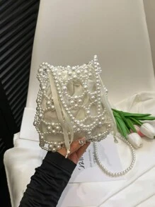 1入PC夏日必備的夏季手提包時尚手提包桶包實色PVC束口挎包、珍珠裝飾女士斜跨輕便便攜式肩袋，適用於大學生和節日/假期/夏天出遊的女人 - 白色 - 查看 10