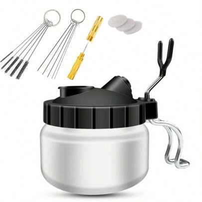 YOULUN 1pc Spray Gun Cleaning Kit With Stand Glass Cleaning Pot, Cleaning Tools, 5pcs Nozzle Cleaning Needles And Brushes, 1pc Golden Needle, Needle Set For Spray Gun Cleaning And Maintenance Tools