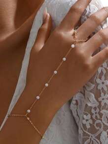 1 pièce Bague de chaîne pour femmes élément perle fausse et turquoise de style rétro simple et élégant, adaptée pour l'été