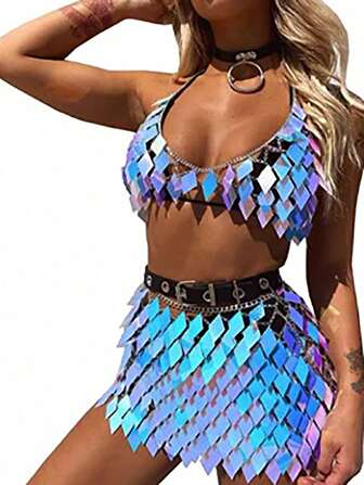 最新的閃爍鑽石形狀亮片胸圍鏈腰鏈套裝，適用於女性時尚身鏈套裝