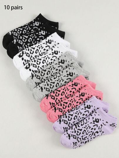 10 Pairs Multicolor Leopard Print Low-Cut Women's Socks, Four Seasons