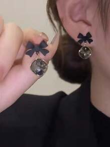 1 Pair Cute Black Bow Square Dangle Earrings, Birthday Gifts Party Jewelry For Girls - Black - View 2