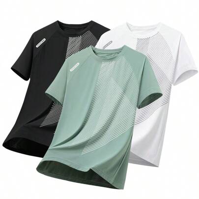 Boyfriend Style Men's Summer Casual Sports Fashion Printed Contrast Color Short Sleeve T-Shirt 3pcs/Set