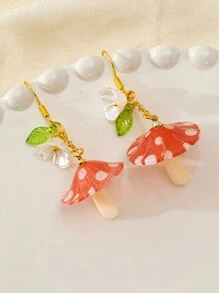 Set de 2 aretes de estilo campestre con diseño de lunares en acrílico con forma de hongo para niñas, ganchos de oreja artísticos y divertidos - Multicolor - Ver 4