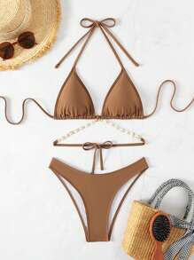 Premium Shell Decor Necklace With Solid Color Nylon Fabric Triangle Bikini Set - Coffee Brown - View 1