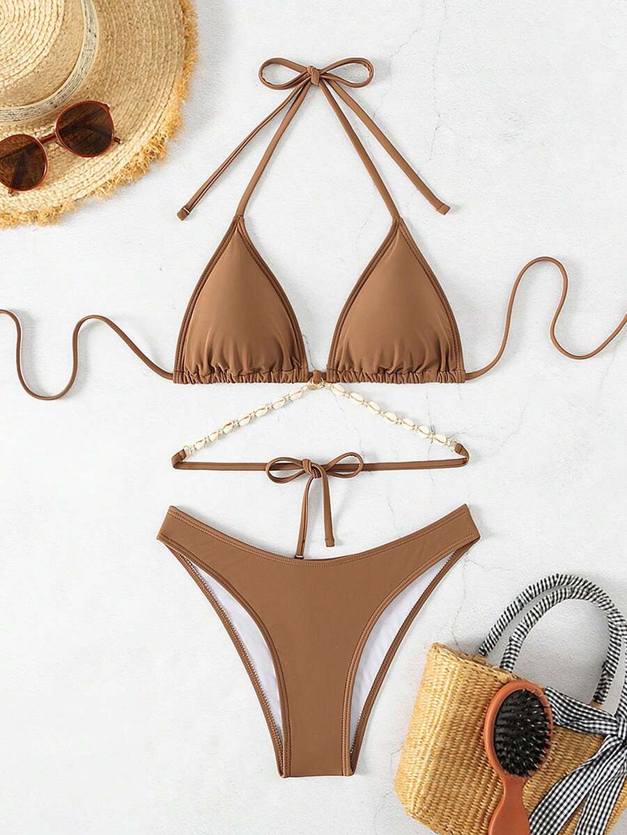 Premium Shell Decor Necklace With Solid Color Nylon Fabric Triangle Bikini Set - Coffee Brown - View 1