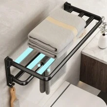 Suporte de toalha de banho dobrável duplo multifuncional com design de tubo plano, prateleira de armazenamento para roupas, roupões e toalhas de banho, adequado para armazenamento no banheiro - Preto - Visão 2