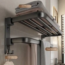 Suporte de toalha de banho dobrável duplo multifuncional com design de tubo plano, prateleira de armazenamento para roupas, roupões e toalhas de banho, adequado para armazenamento no banheiro - Preto - Visão 6