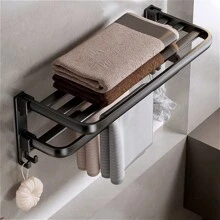 Suporte de toalha de banho dobrável duplo multifuncional com design de tubo plano, prateleira de armazenamento para roupas, roupões e toalhas de banho, adequado para armazenamento no banheiro - Preto - Visão 5