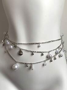 Bohemian Style Seaside Multi-Layer Faux Pearl Chain Waist Belt With Ocean Shell Pendant, Adjustable Clothing Accessory