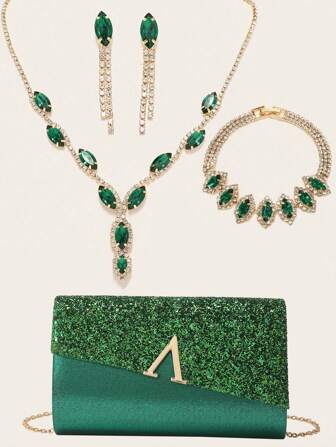 LETODE BAG 4 Pieces Rhinestone Jewelry Set Bling Necklace Earrings Bracelets Set For Wedding Clutch Purses Bag For Women Evening Glitter Dinner Bag Envelope Clutch Bag Wedding Party Bridal Purse, Glamorous Rhinestone Bag