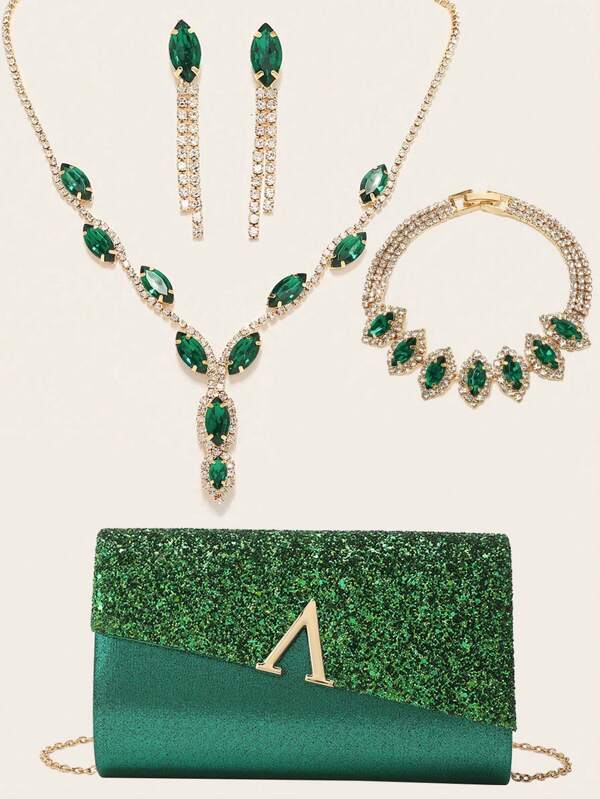 Set de joyería de 4 piezas con rhinestones LETODE BAG, que incluye collar, aretes y brazalete, para cartera de embrague de noche, bolso de cena con purpurina, sobre de embrague para boda y fiesta, bolso de novia glamoroso con rhinestones