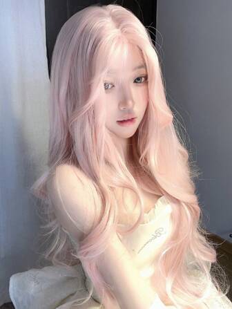 alicegarden Shaped Lace 4*1 ,Anterior Forehead Lace Long  Wavy Wigs Hair, Center Split Wig,Anterior Forehead Pink Lace- 30 Inch Semi Woven Daily Natural, Smooth And Realistic Wig(Excluding Accessories)