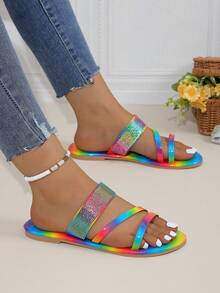 2024 New Arrival Women's Colorful Fashionable Sandals, Comfortable & Versatile, Rhinestone Decorated Anti-Slip Outdoor Flat Shoes For Summer