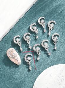 新款星月太阳魅力指甲吊坠，镀金/镀银 3D 星月流苏链首饰，适用于美甲和按压式指甲装饰，10 件/包 DIY 指甲饰品指甲宝石指甲用品 - 銀色 - 查看 3