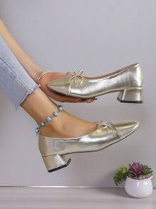 Nuove ballerine classiche da donna con tacco alto dorato, punta quadrata, tacco alto/basso, fiocco, collo basso, stile retrò francese elegante, scarpe da lavoro, 2024 - Dorato - Visualizzare 6