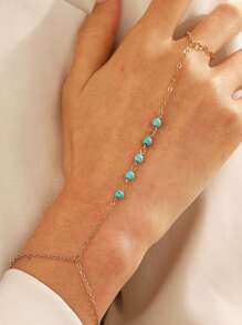 1 pièce Bague de chaîne pour femmes élément perle fausse et turquoise de style rétro simple et élégant, adaptée pour l'été