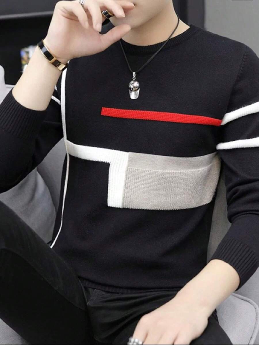 Suéter Tricot Masculino – Casaco de Frio Gola Redonda Manga Longa Lã Premium Inverno 2025 - Preto - Visão 1