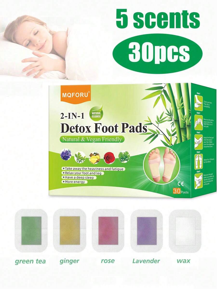 30片/盒5種香氣足貼，包括薑黃、薰衣草、艾草、綠茶和玫瑰香氣足貼。睡前貼上，輕鬆享受舒緩放鬆的足部護理夜晚。 - 綠色 - 查看 1