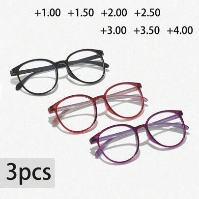 3 件装时尚果冻色圆框老花镜男女款，适合阅读和使用手机，屈光度 +1.00 至 +4.00 女士眼镜配件