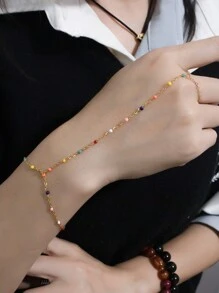 1 pièce Bague de chaîne pour femmes élément perle fausse et turquoise de style rétro simple et élégant, adaptée pour l'été