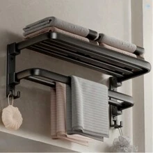 多功能雙折疊浴室毛巾架， 浴巾架平面管淋浴儲物架衣服浴衣毛巾掛鉤儲物架，浴室收納組織器材