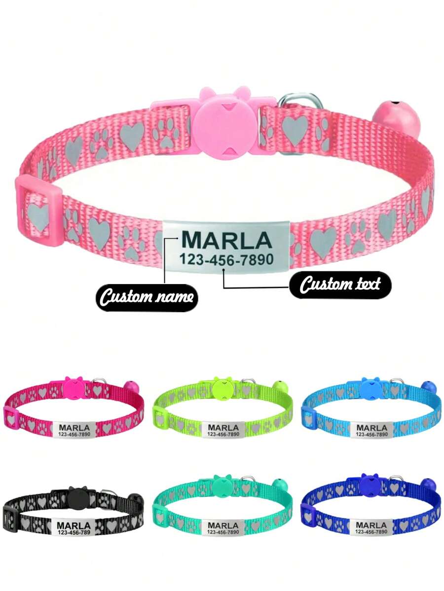 定制反光宠物项圈，饰有爱心爪印图案，配有防勒扣，可定制刻字猫牌和狗牌，刻有姓名、电话和地址。猫牌小巧精致，可个性化定制。猫项圈和狗项圈是送给爱宠人士的理想礼物，适合周年纪念、生日、圣诞节、乔迁之喜等各种场合，也是2025年万圣节的理想配饰。此外，还有可个性化定制的猫狗幼犬宠物身份识别吊坠。 - 粉色 - 查看 1