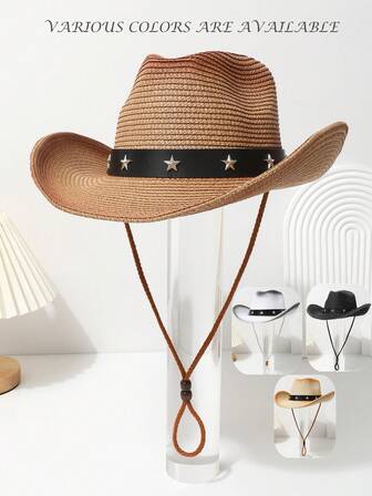 1pc Unisex Solid Color Star Decor Western Cowboy Hat, Sun Protection Casual Panama Hat For Outdoor, Party, Riding, Wind Resistant