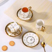 6 piezas Juego de taza y platillo de estilo europeo, borde dorado, taza de café y platillo de cerámica de 2.8oz, adecuado para desayuno, té de la tarde, fiesta de té, hogar, jardín, restaurante y otras ocasiones. Vajilla para verano e invierno, juego de taza y platillo, esencial para la temporada de regreso a clases.