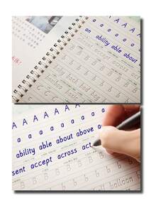 1pc Notebook + 5pcs Refills + 1pc Pen Grippers, English Italic 3D Groove Practice Copybook, Handwriting Practice Calligraphy Book, English Alphabet Word, Reusable Book - Multicolor - View 2