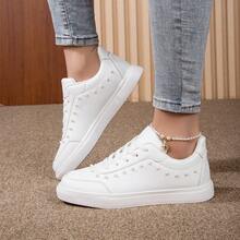 Zapatos deportivos casuales para mujeres, nuevos modelos de primavera, ligeros y cómodos, con decoración de perlas - Blanco - Ver 4