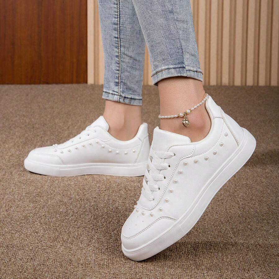 Zapatos deportivos casuales para mujeres, nuevos modelos de primavera, ligeros y cómodos, con decoración de perlas - Blanco - Ver 1