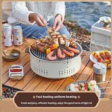 1入便攜式把手炭烤爐，不銹鋼多功能BBQ爐，適用於室內外使用，金屬圓形設計適用於露營、野餐、後院燒烤、廚房用具和配件 - 米色 - 查看 2