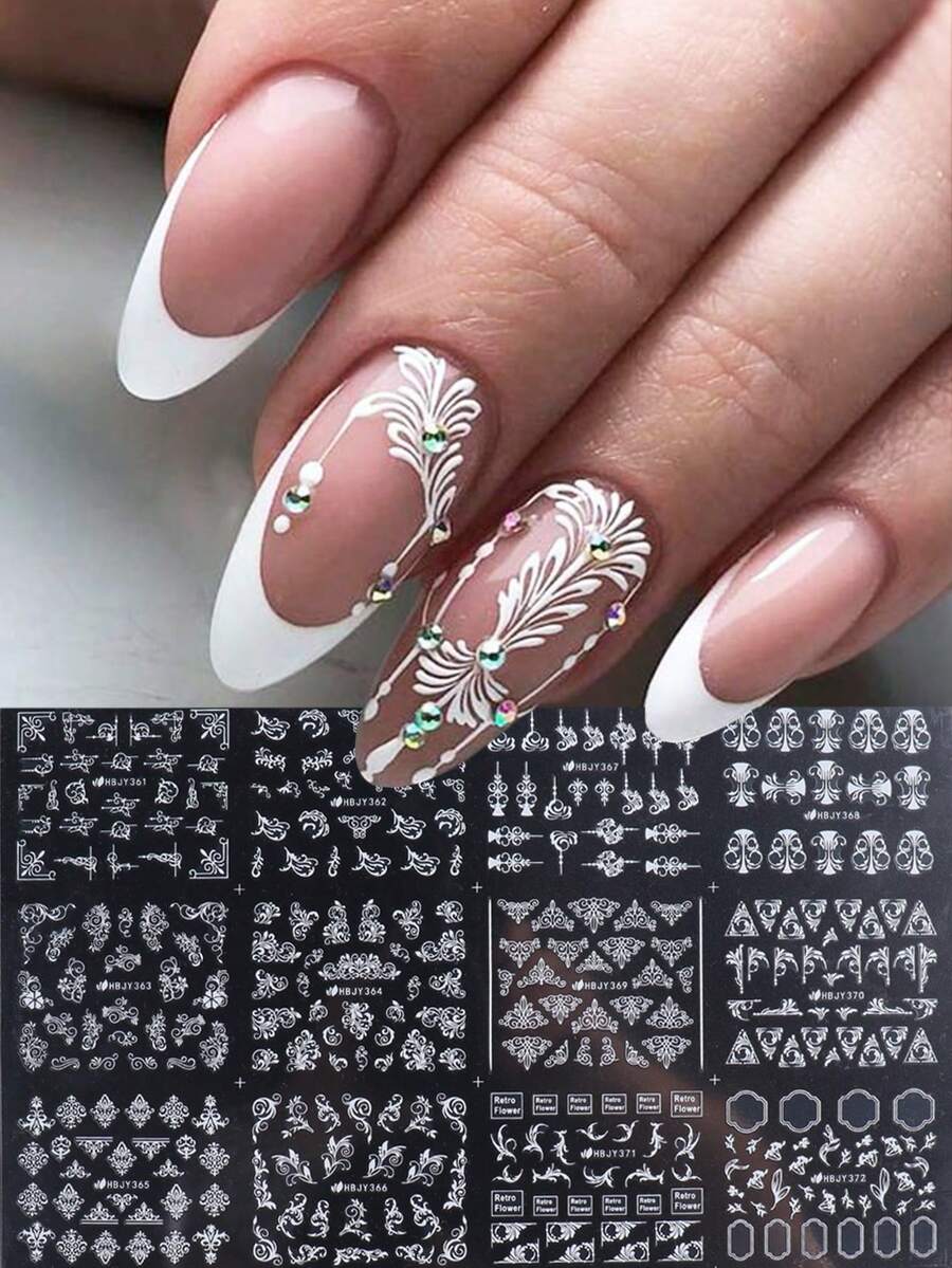 12 Thiết Kế Ren Trắng Hoa 3D Dán Móng Tay Cưới Sang Trọng Ren Hoa Pháp Đầu Móng Tay Thiết Kế Thanh Trượt Đề Can DIY Trang Trí Móng Tay Cho Nữ - Nhiều màu - Xem 1
