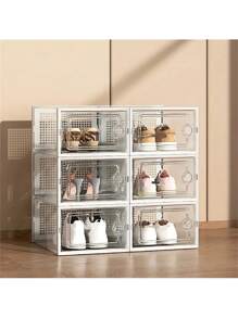 6入組厚款透明鞋盒附蓋，可摺疊且可疊加的塑料運動鞋收納組織架，省空間，適用於門廳、臥室、家居、宿舍 - 白色 - 查看 7